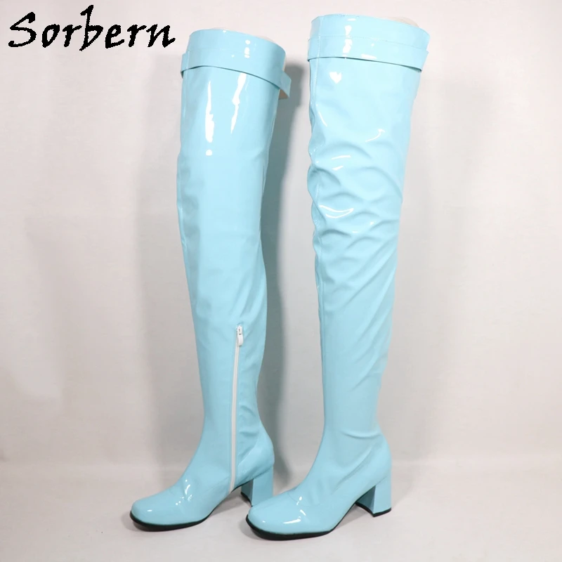 Sorbern Custom Wide Calf Light Blue Boots Women Square Toes 70S GOGO Boots Hollow Out Back Custom