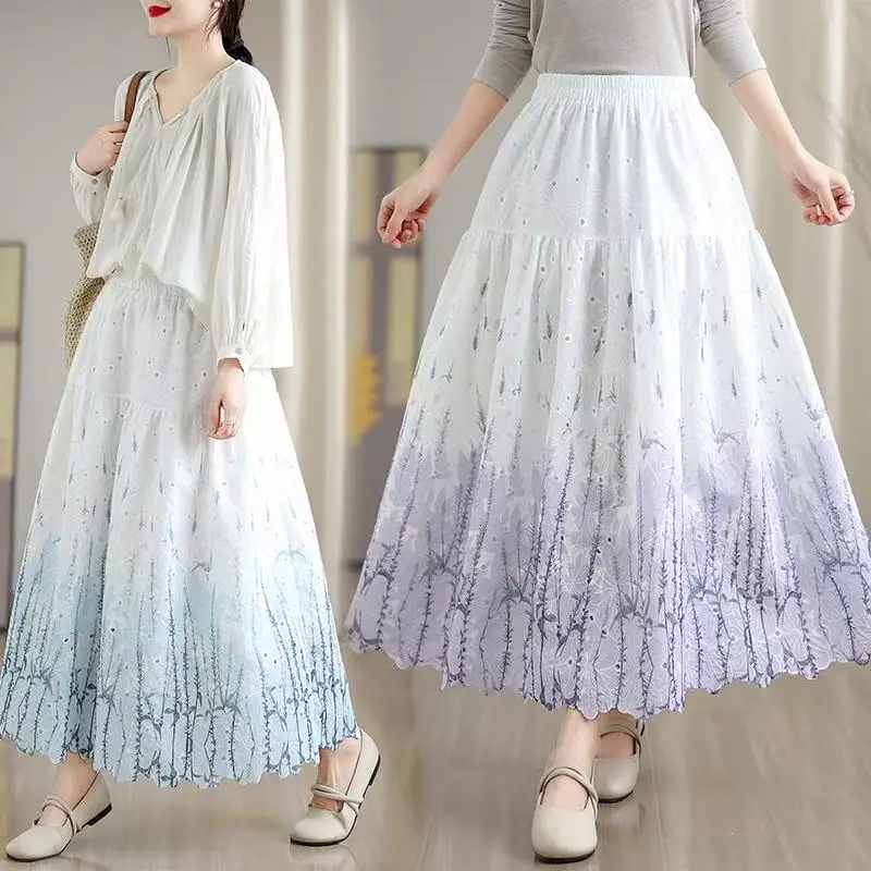 

Ele Embroidered Hollow out f Skirt Women's Spring Autumn Loose A-Line Long Skirt Casual High Waist Other Other