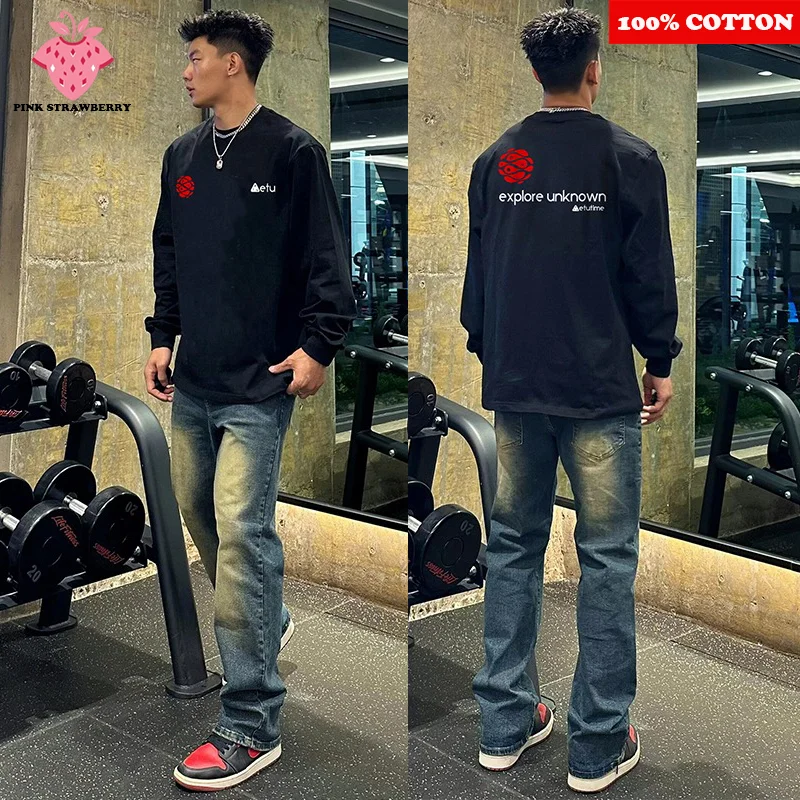 

American Brand Long-sleeves T-shirt Men 2025 Autumn New 100% Cotton Sports Gym Black O-Neck T-shirt Loose Y2k Tops Male clothing