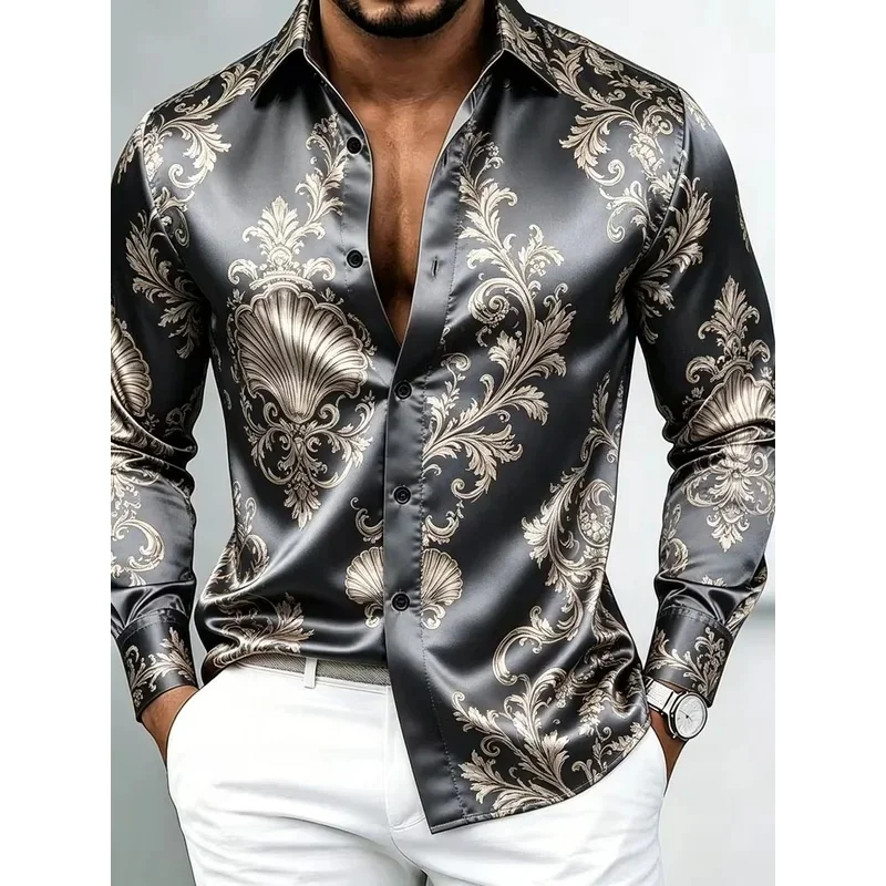 Men's New Retro Long Sleeve Shirt with Gold Chain & Cashew Paisley Print Polyester Fabric 3D Printing