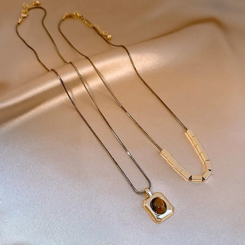 Schwarzgoldfarbene Doppelschichtige Tigerauge-Stein-Anhängerkette für Damen, Herbst-/Winter-Pulloverkette, Schmuckzubehör-Set – Detail 9