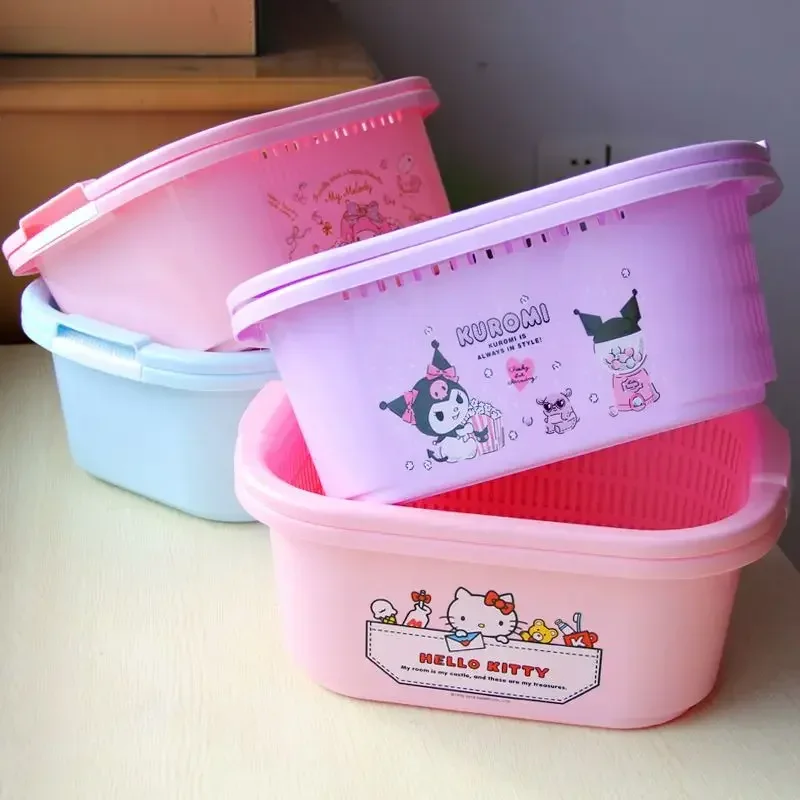 Sanrio Kawaii Hello Kitty Drain Basket Cartoon Cute Multifunctional Creative Double-layer Fruit Washing Basin Kitchen Supplies