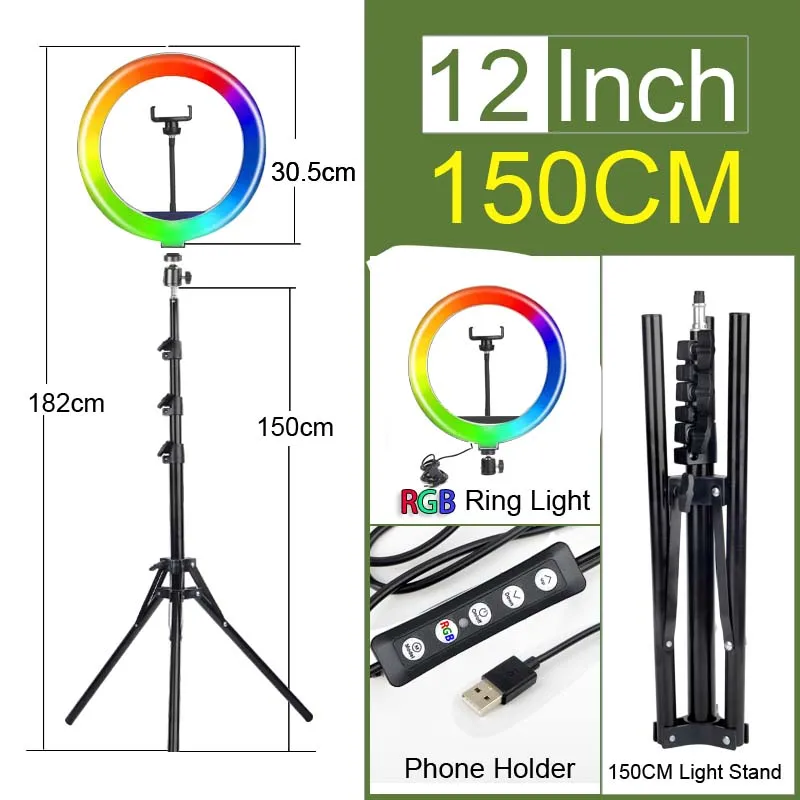 RGB Ringlight Makeup Live 10 12 14 Fill Light Ring Light LED Selfie Stand Tripod Dimmable YouTube Lamp Photo Video Camera Phone