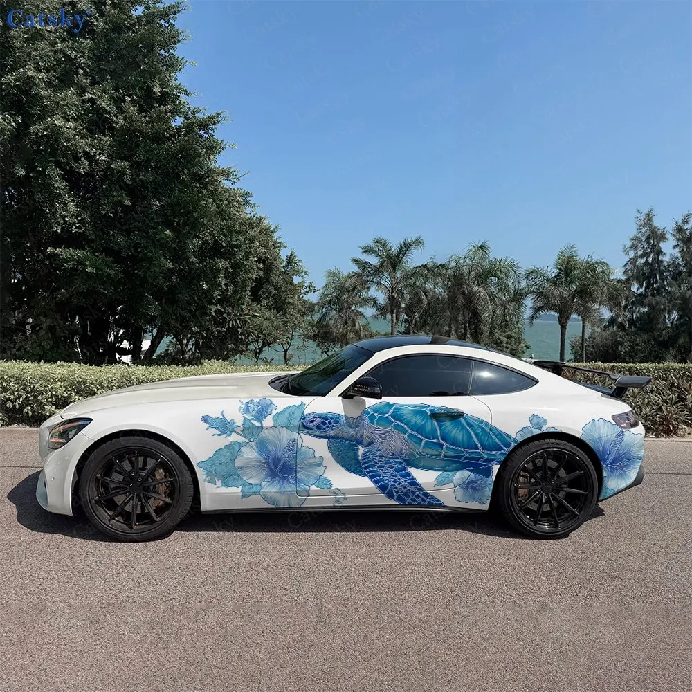 2pcs Blue Sea Crystal Turtle Flower Car Side Wraps, Self-Adhesive PVC Waterproof & Scratch-Resistant Sticker, Car Accessory Gift