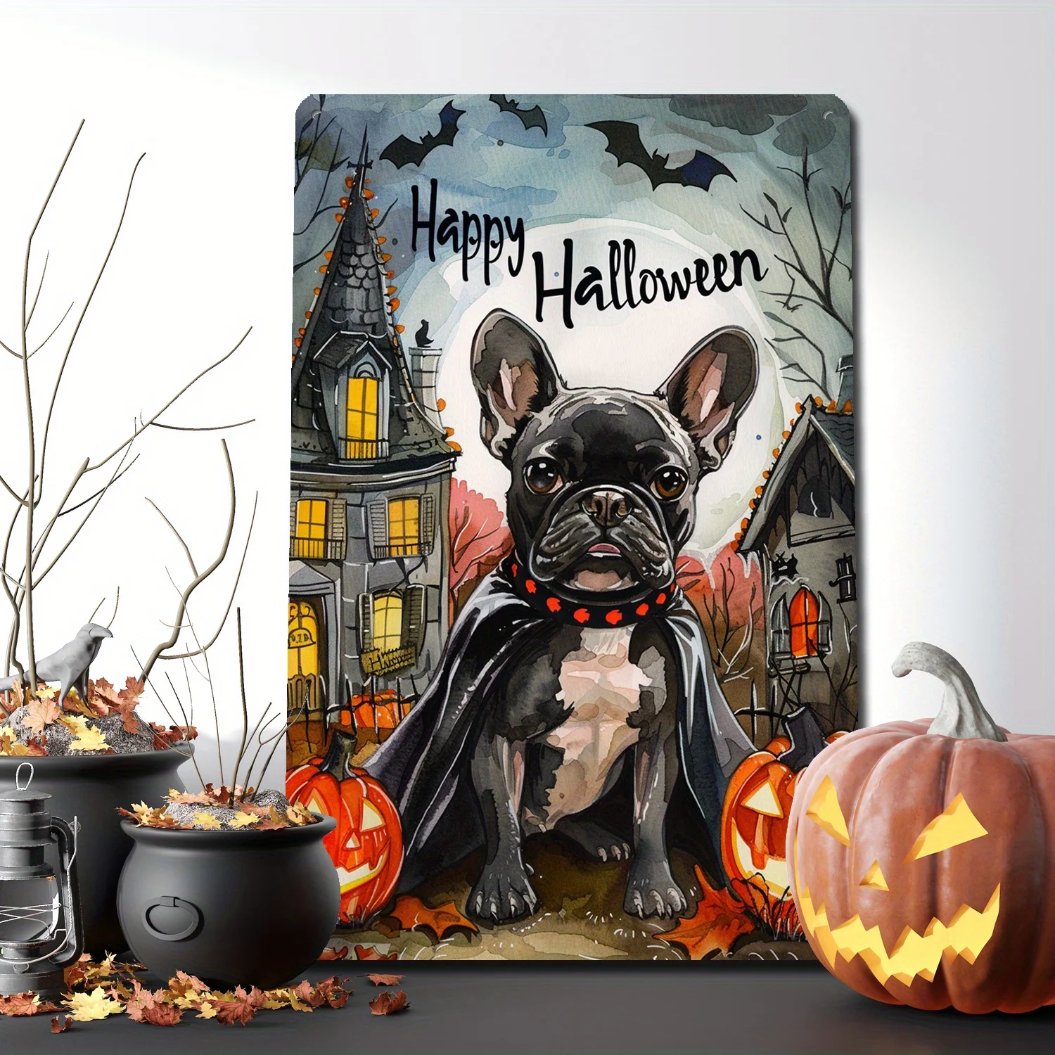 2D Flat 1pc 8x12 Inch(20cm X 30cm) Halloween French Bulldog Bakery Tin Sign Vampire Cape and Spells for Home and Party Easy In
