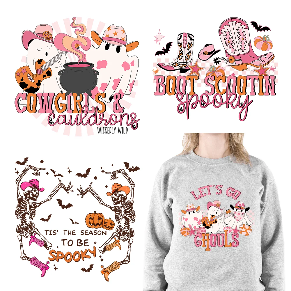 

Pink Western Halloween Boot Scootin Spooky Thermal Logo Iron On Howdy Yall Country Pumpkin DTF Transfer Sticker For Bags Hoodies