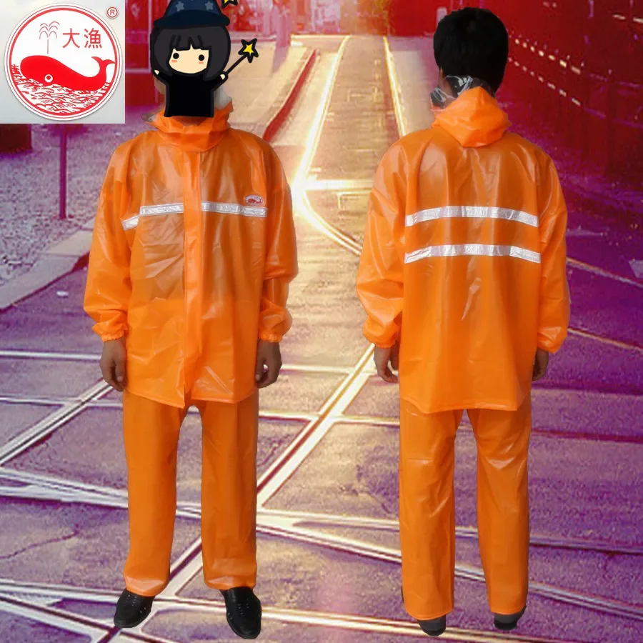 PVC Thick Waterproof Hooded Long Jacket Fish Clothes Buildings Workers Working Uniforms Rainproof Ogrange Yellow With Refective