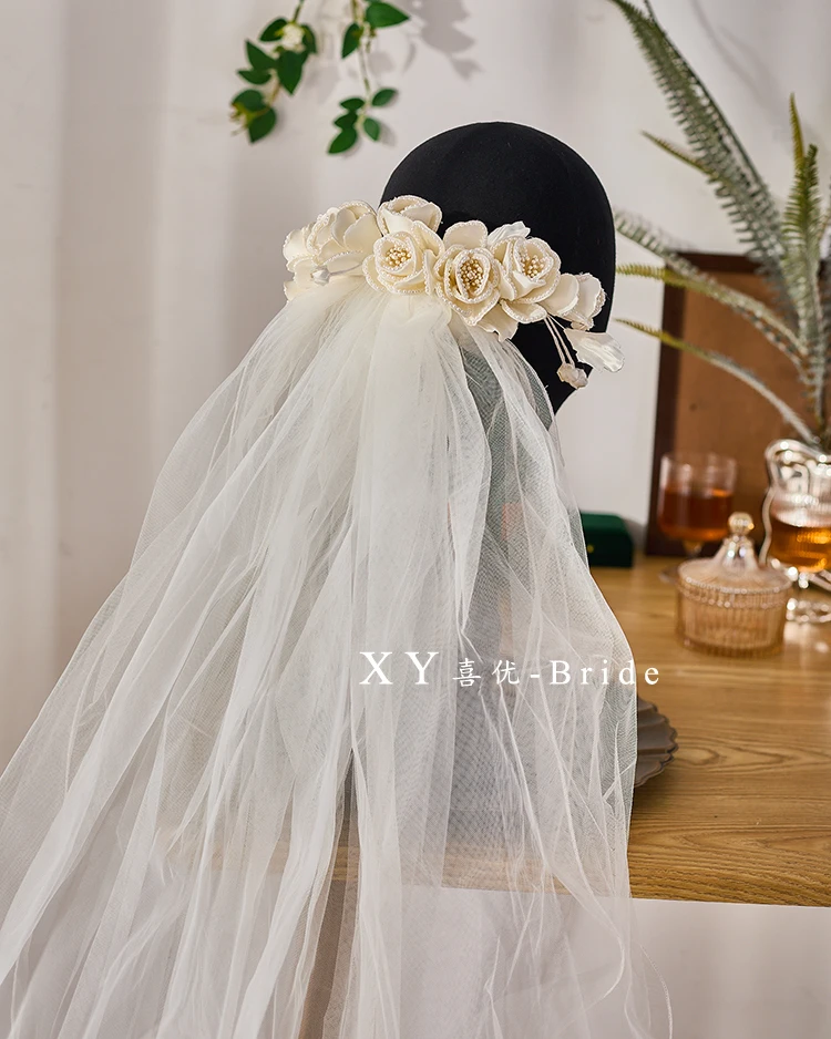 

French retro three-dimensional rose romantic wedding accessories veil