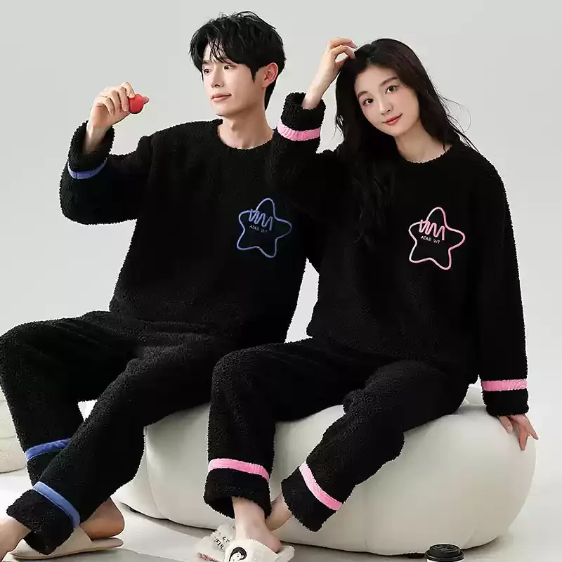 Coral Fleece Autumn and Winter Couple Pajamas Fleece-lined Thickened Cartoon Sweet Flannel Winter Homewear Women Men Nightwear