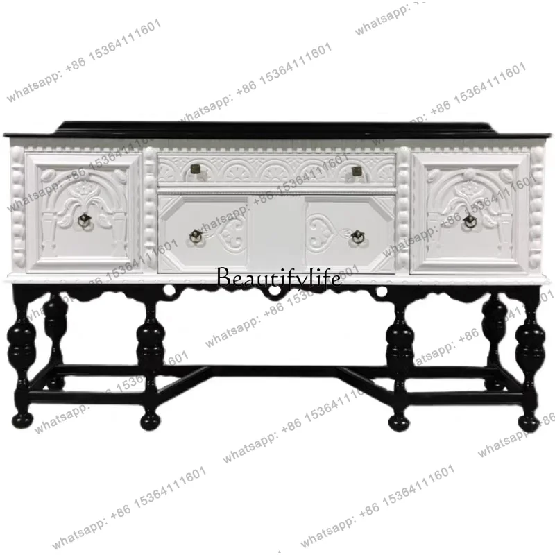 jj5  French Retro Solid Wood Porch Cabinet American Engraved Black Entrance Foyer Decorative Cabinet