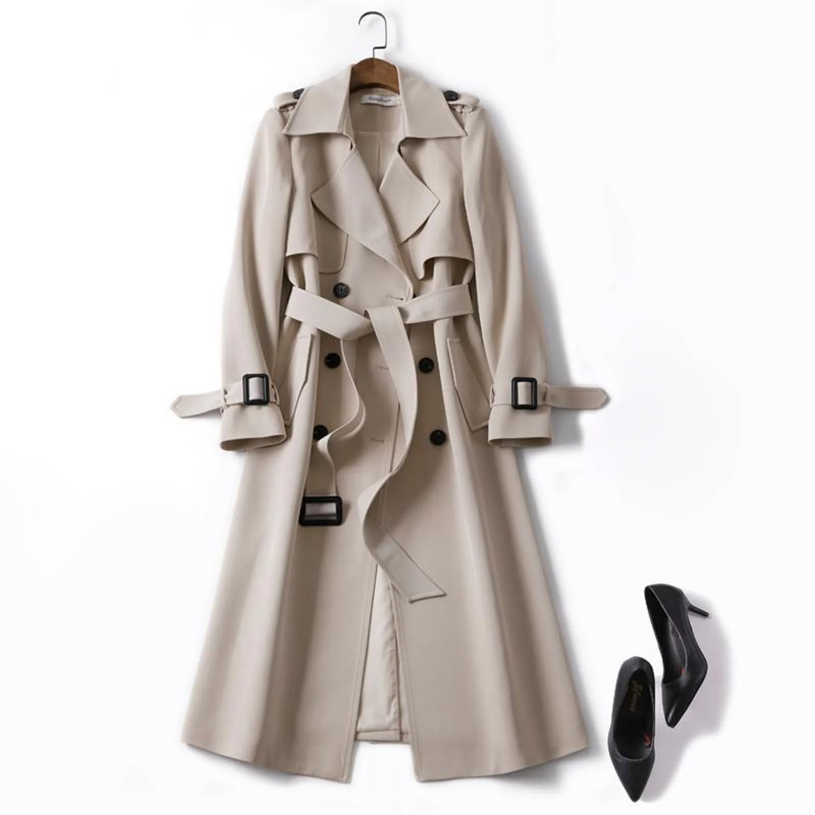 

Women Lapel Trench Coat Topcoat Double-breasted Casual Coat Pure Color Autumn Winter Overgarment Waistband Windbreak Jacket