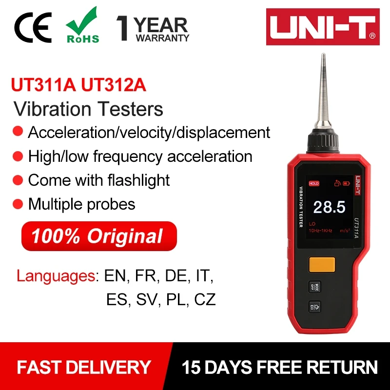 UNI-T Handheld Vibration Tester UT311A  0.1-199.9m/s² Vibrometer Acceleration Velocity Vibration Analyzer Digital LCD TFT Screen