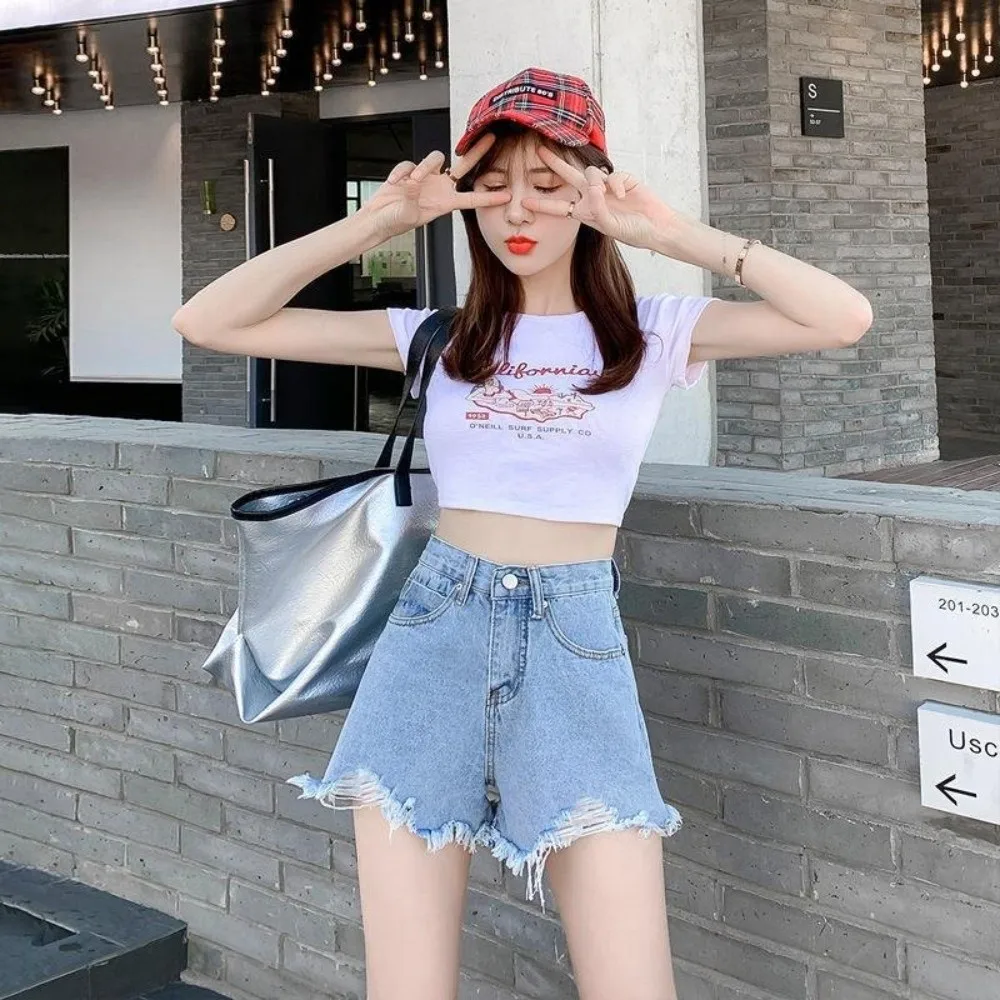 Casual Stretchy Jean Shorts for Women Ripped High Waisted Denim Shorts Frayed Raw Hem All-match Short Pants Summer Wear