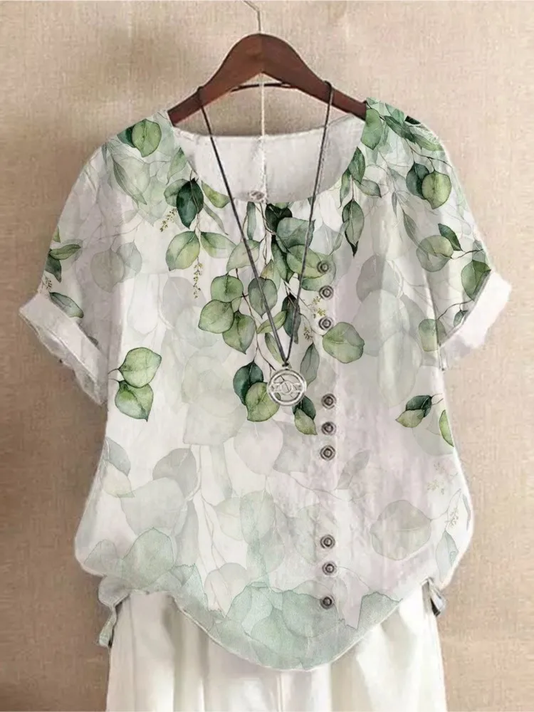 Summer O-Neck Short Sleeve Floral Print Loose Women\'s Blouse Retro Top 2024 Fashion Women Buttons Korean Style Casual Shirts