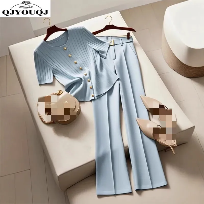

Spring and summer Korean version new fashionable short sleeved T-shirt+micro flared pants two-piece set