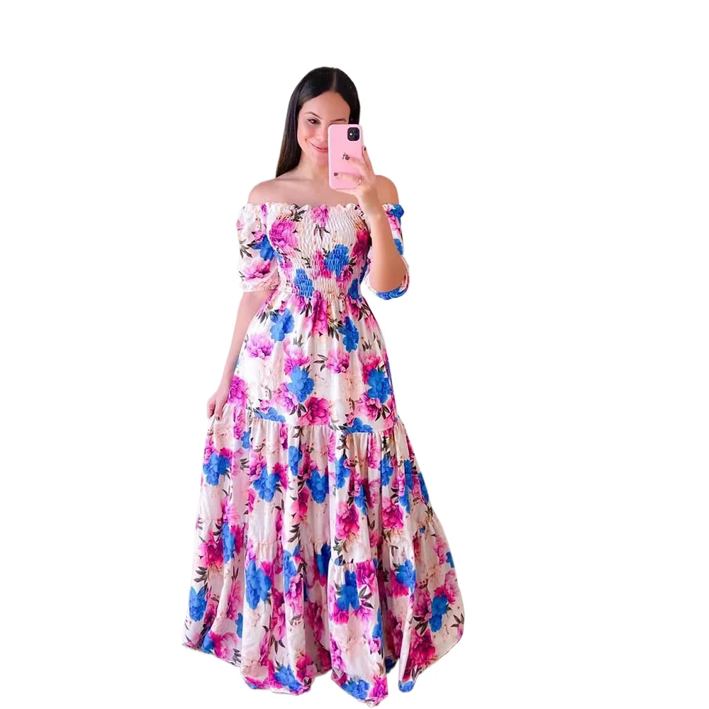 فستان ماكسي مثير للربيع والصيف بدون أكتاف فساتين نسائية عصرية بأكمام قصيرة مطبوعة بالزهور للنساء 2023 رداء أنيق للحفلات