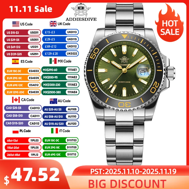 

ADDIESDIVE Luxury Men's Quartz Watch 200m Waterproof BGW9/C3 Super Luminous Divering Watches Ceramic Bezel Men Analog Watches