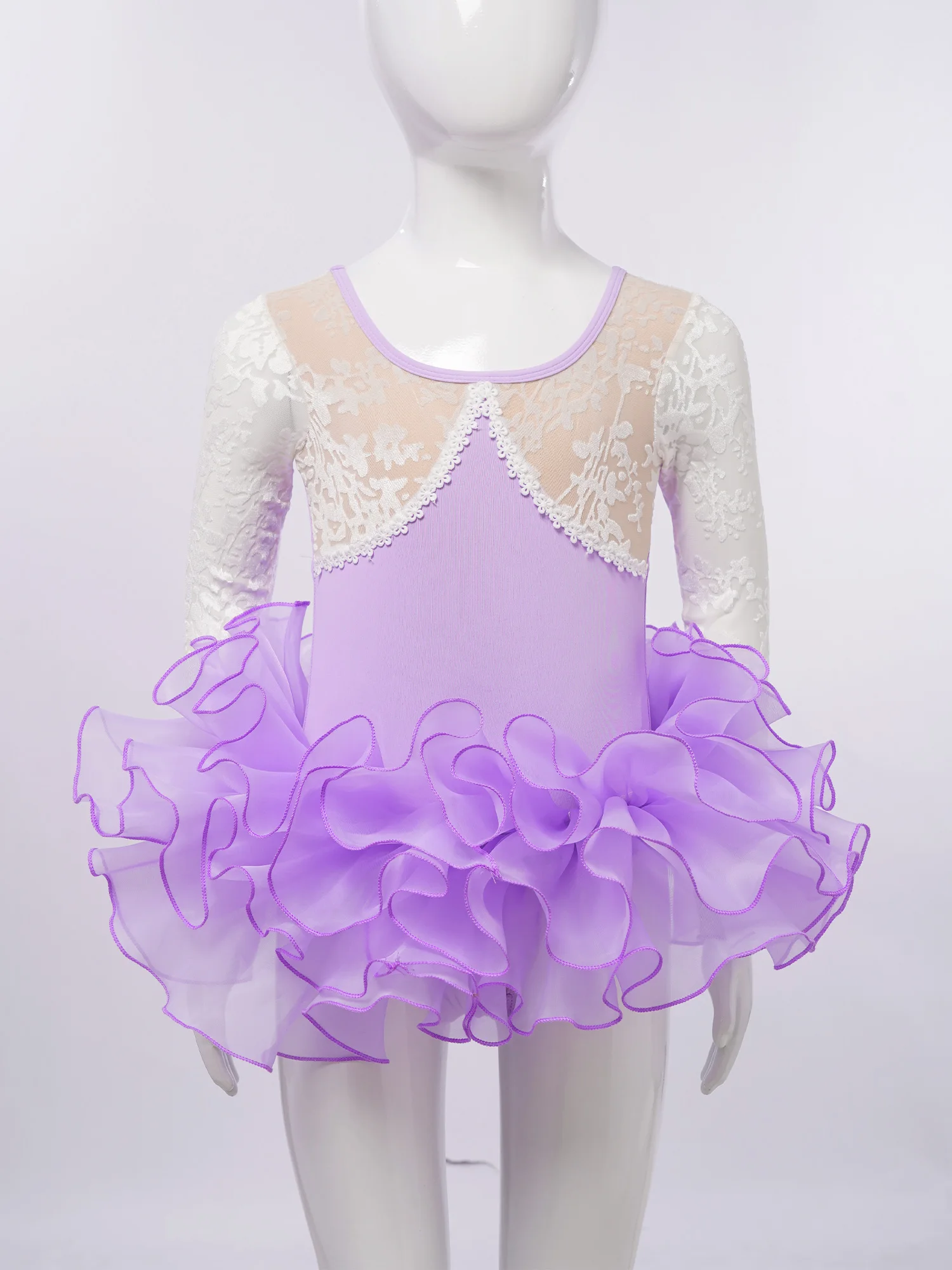 Kids Girls Ballet Dance Dress Gymnastic Leotard Lace Mesh Jacquard Long Sleeve Dance Bodysuit+Skirts Ballerina Fairy Party Dress
