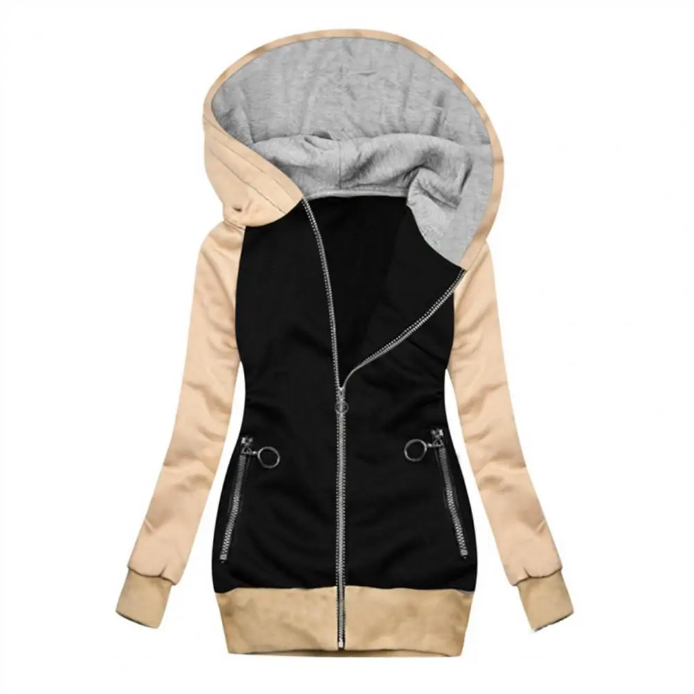 

Winter Women Hoodie Zipper Warm Long Sleeves Contrast Color Soft Cardigan Hooded Pockets Elastic Cuff Autumn Coat Women Clothes