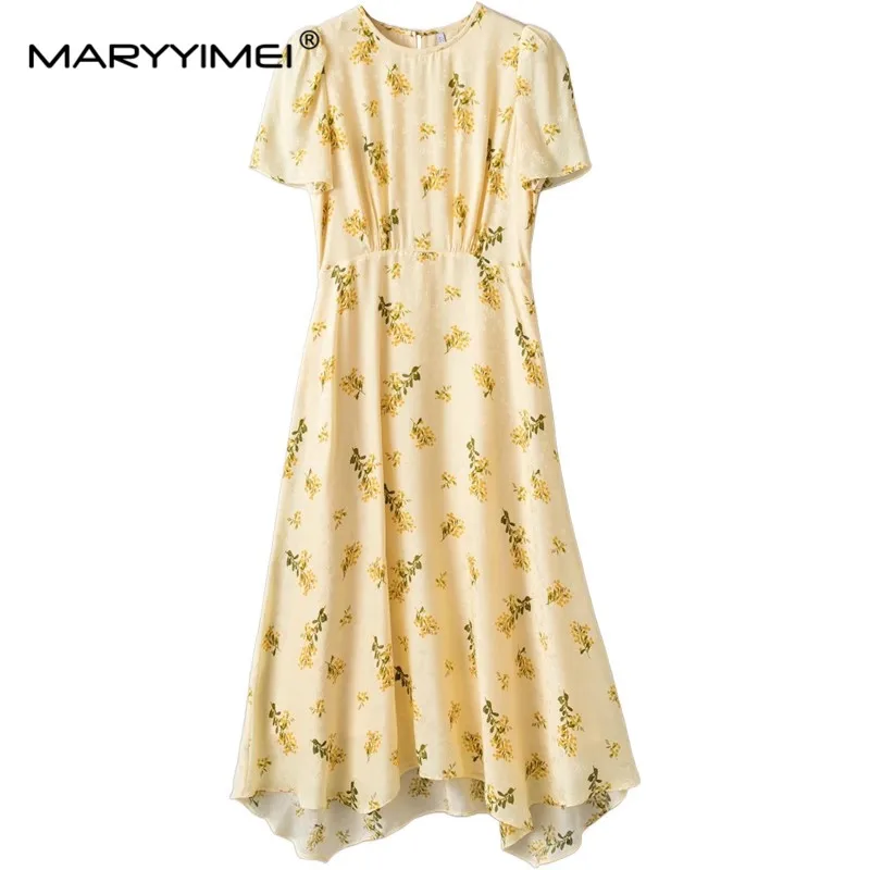 MARYYIMEI Summer Fashion designer Women's silk dress Short sleeved Floral-Print Slim Elegant Silk Dresses