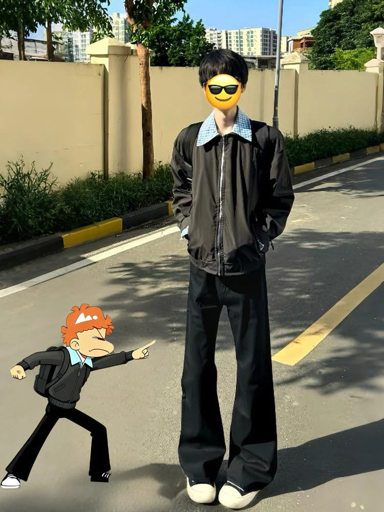 

Men's Cleanfit Bla Straight Leg Pants Vine Pattern Faionable Casual Trousers Low Waist Button Closure All Season Wear