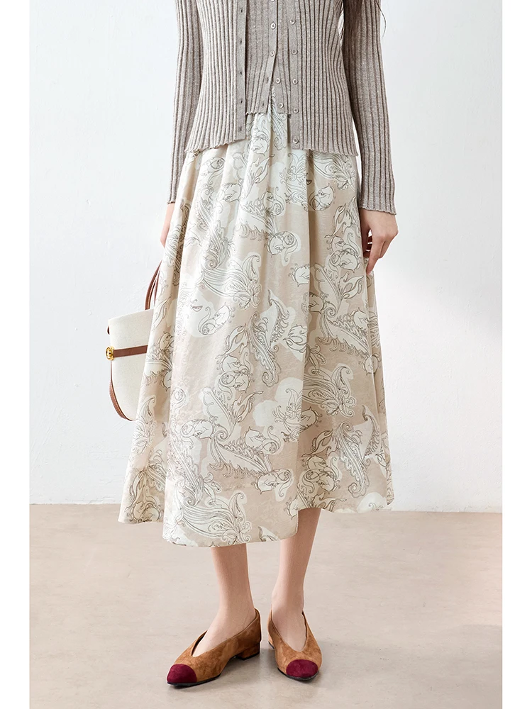

Ningxia Yijian Soft Art Print Hidden Pattern Embroidered Silk Half Skirt Romantic Flared Silk High Waist A-Line Skirt