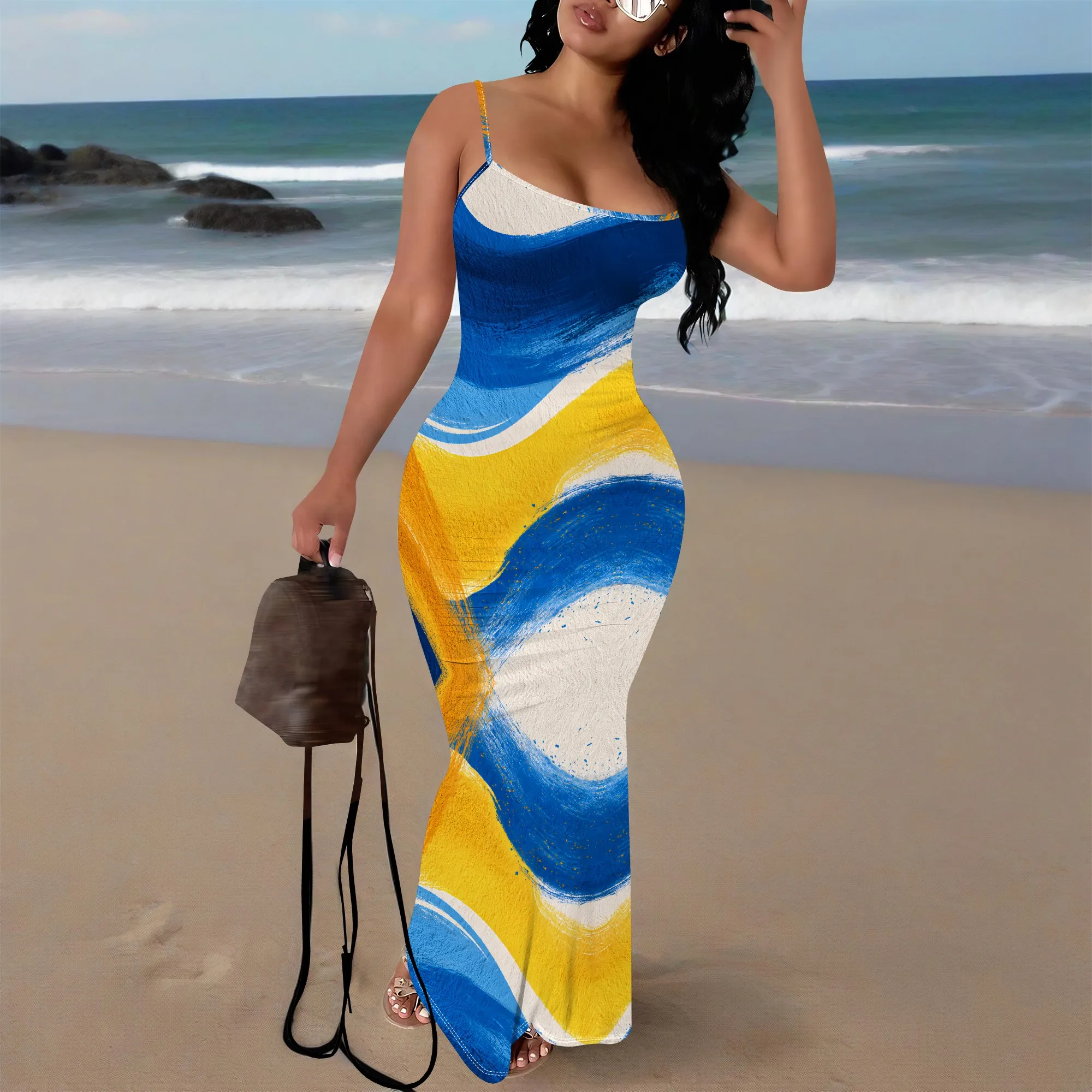

Blue Yellow Wave Print Maxi Dress XS-3XL Spaghetti Strap Bodycon Style for Beach Vacation, Art Festival or Summer Street Look