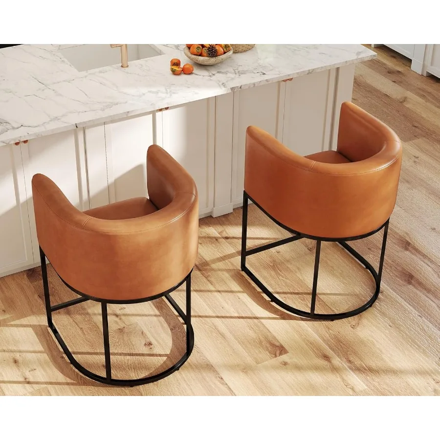 Modern Barrel Counter Height Bar Stool 24 Inch Kitchen Bar Stool with Back PU Leather Barstool Bar Height for Island with Black
