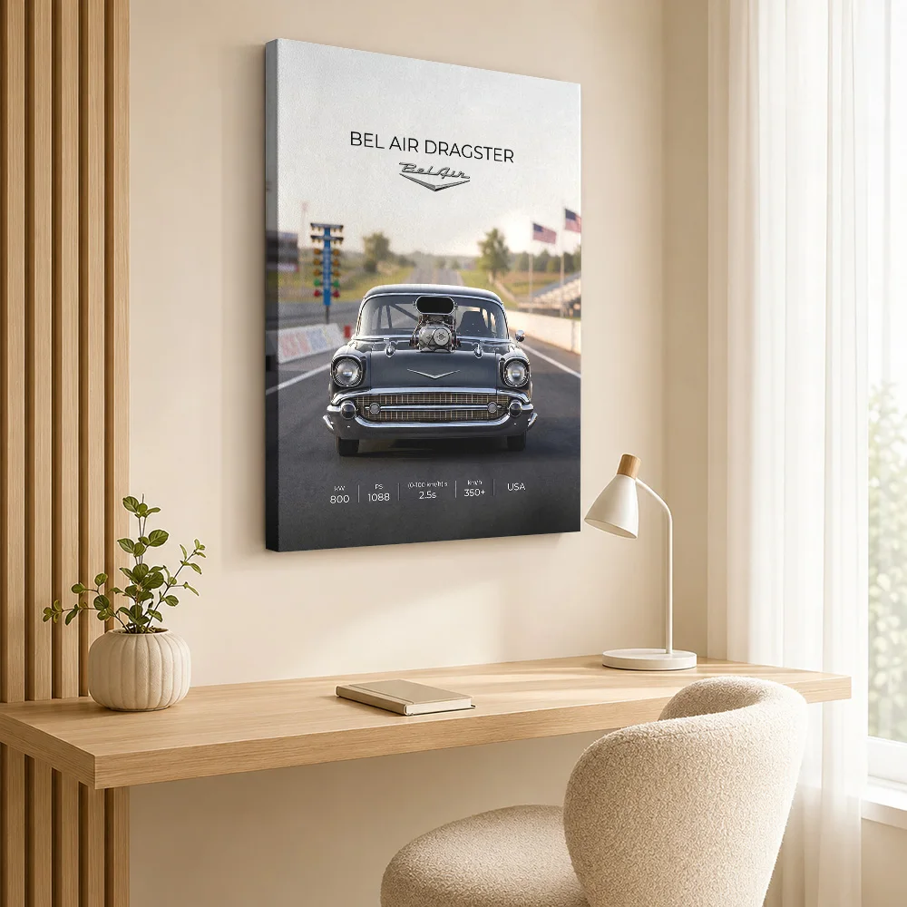 American Bel Air Dragster Framed Canvas Poster Customized Photo Detailed Roadside Illustration Wall Art For Motorsport Lounge