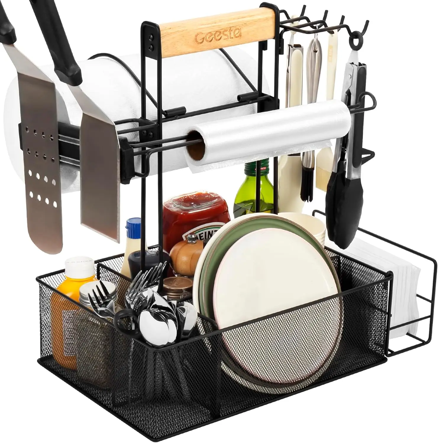 

Подставка для гриля на открытом воздухе с держателем для бумажных полотенец и магнитным держателем для инструментов, отсек для хранения приправ для барбекю, кемпинга, автодомов