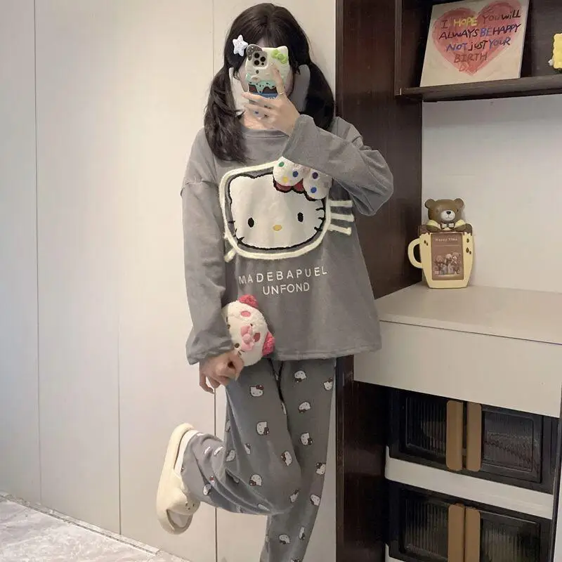 

Комплект пижам Sanrio Hello Kitty, флисовая женская домашняя одежда, милый теплый толстый уютный комфортный комплект в корейском стиле, весенне-осенняя ночная одежда