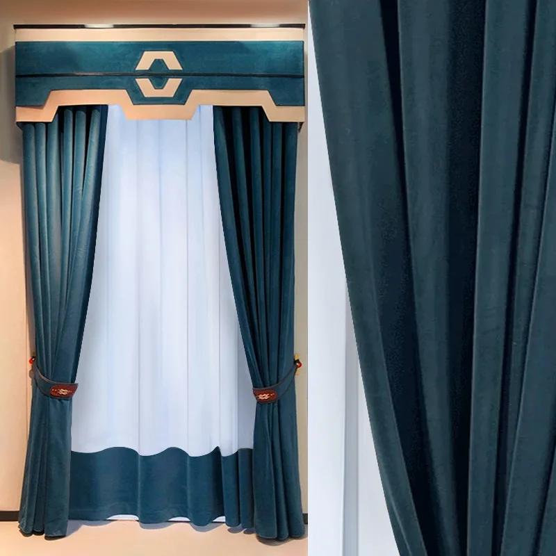 

Custom Northern Europe luxury high sense simple flannelette thick blue velvet cloth blackout curtain tulle valance drape C1784