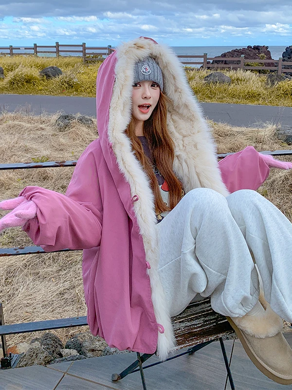 جاكيت نسائي شتوي دافئ وردي اللون بنمط مربعات وغطاء للرأس وأزرار أمامية، ملابس خارجية مضادة للشيخوخة وفضفاضة