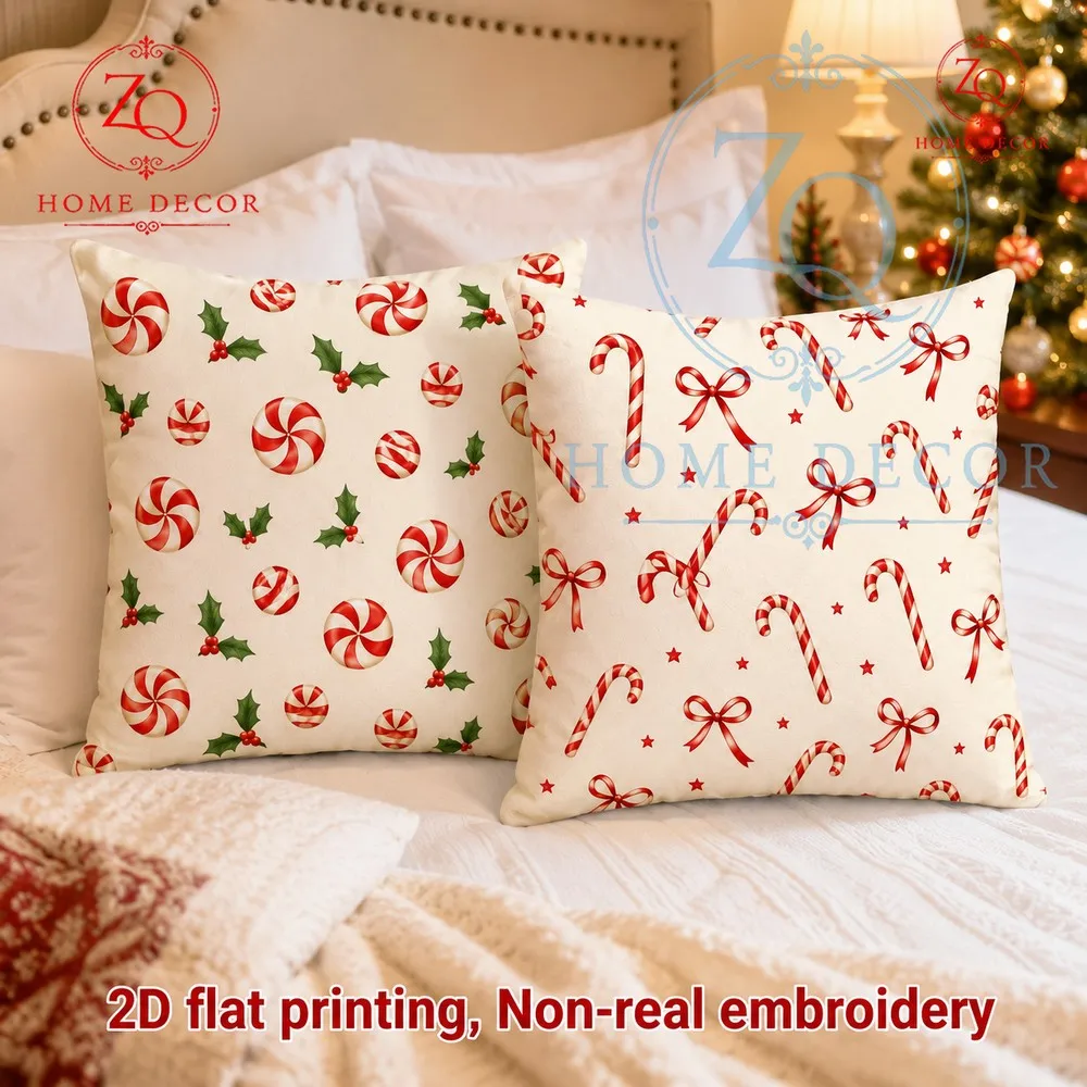 Christmasthemed pillowcases with red  white cy  holly cane pterns enhance the festive mosphere  your home.