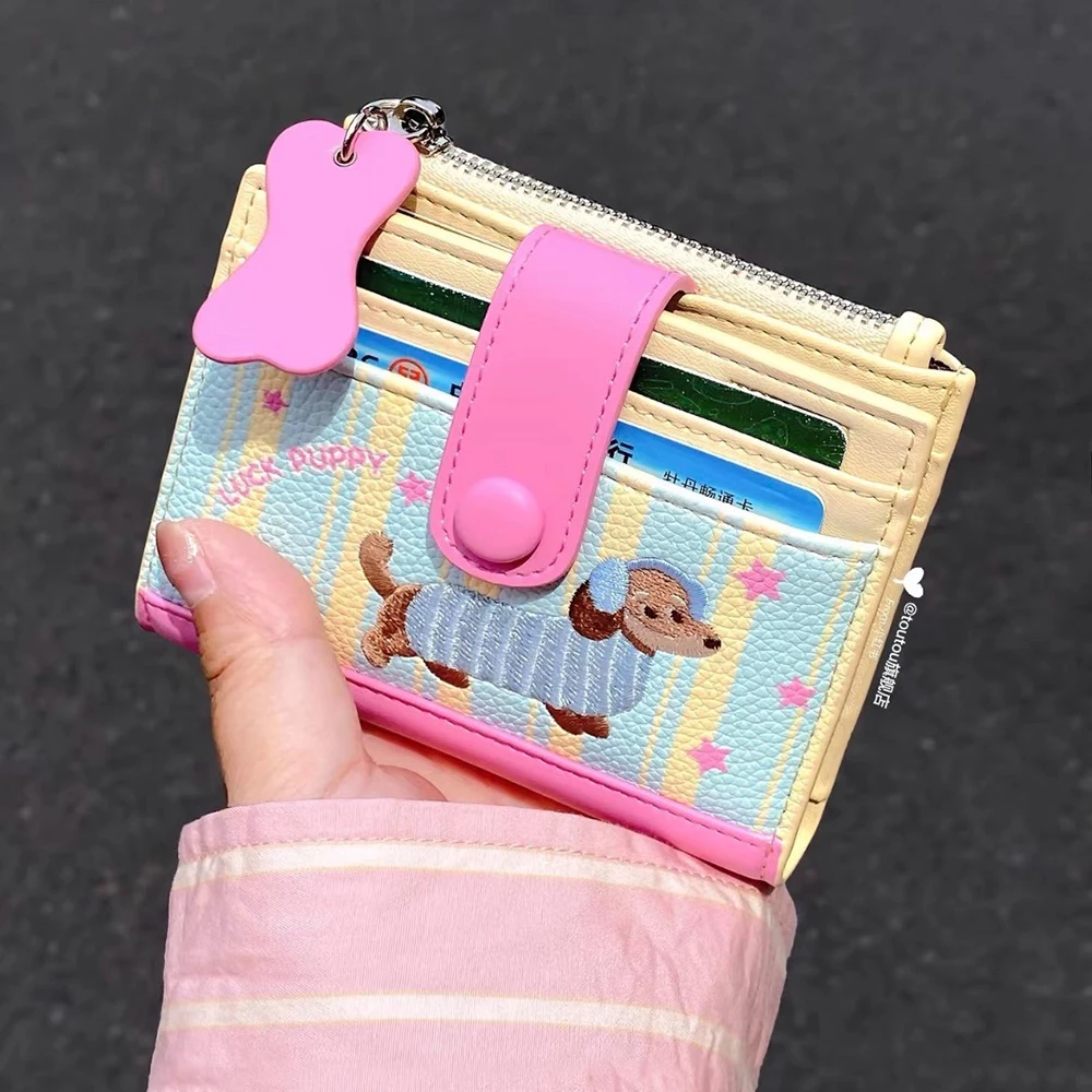 Women Cute Cartoon Embroidery Sausage Dog Wallet Zipper Coin Purse Double Fold Card Holder Wallet Ultra Thin Leather Money Clip