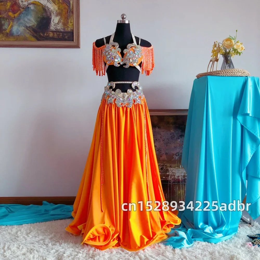 Belly Dance Suit Gradient Orange Bra Top and Long Skirt for Women Stage Performance High-End Adult Competition Clothing