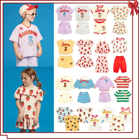 여름 한국 어린이 옷 세트, 비비 걸스 딸기 프린트 조끼 티, 소년 만화 티셔츠 반바지, 어린이 스웨터 티 팬츠