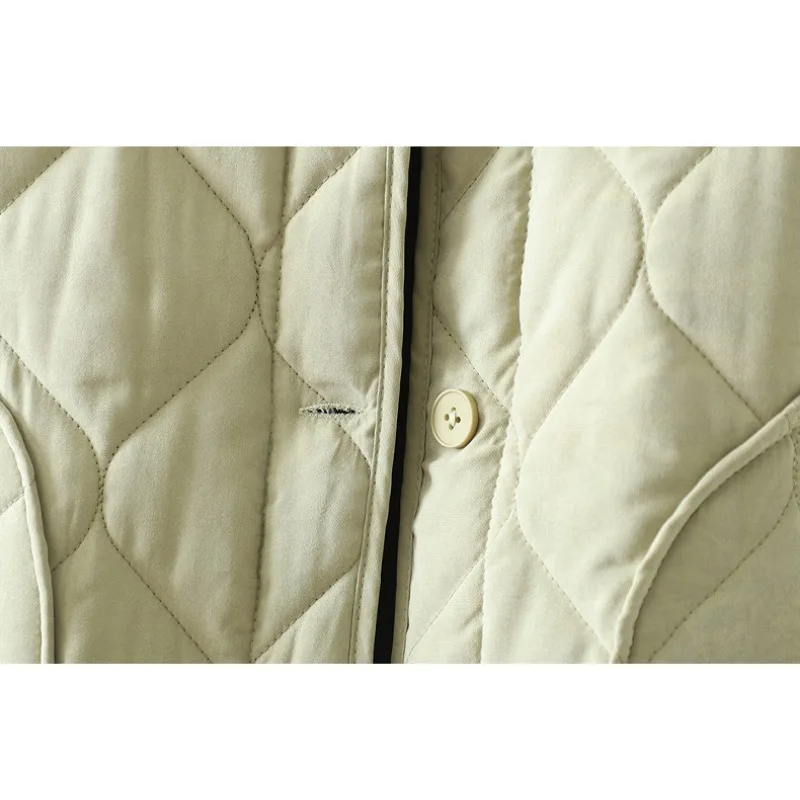 Winter Retro Cotton Jacket Women's Long Sleeve Quilted Pure Color Diamond Pattern Short Outerwear Warm Women Clothes
