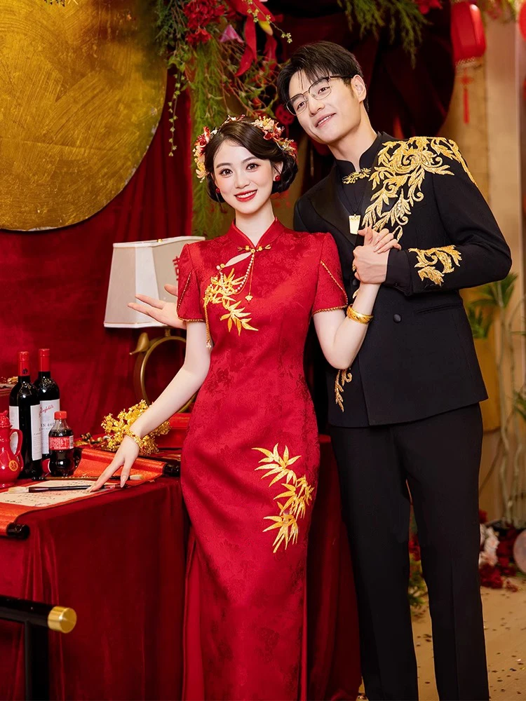

Red New Chinese Sle Engagement Dinner Dr Vintage Bride Wedding Return Home Banquet Long Evening Gown