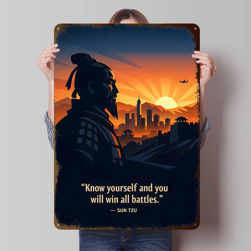 Sun Tzu Zitat mit Stadtlandschaft Blechposter Personalisierte Wandkunst Retro Vintage Metallschilder für Fan-Zimmer Heimdekoration Gaming-Haus