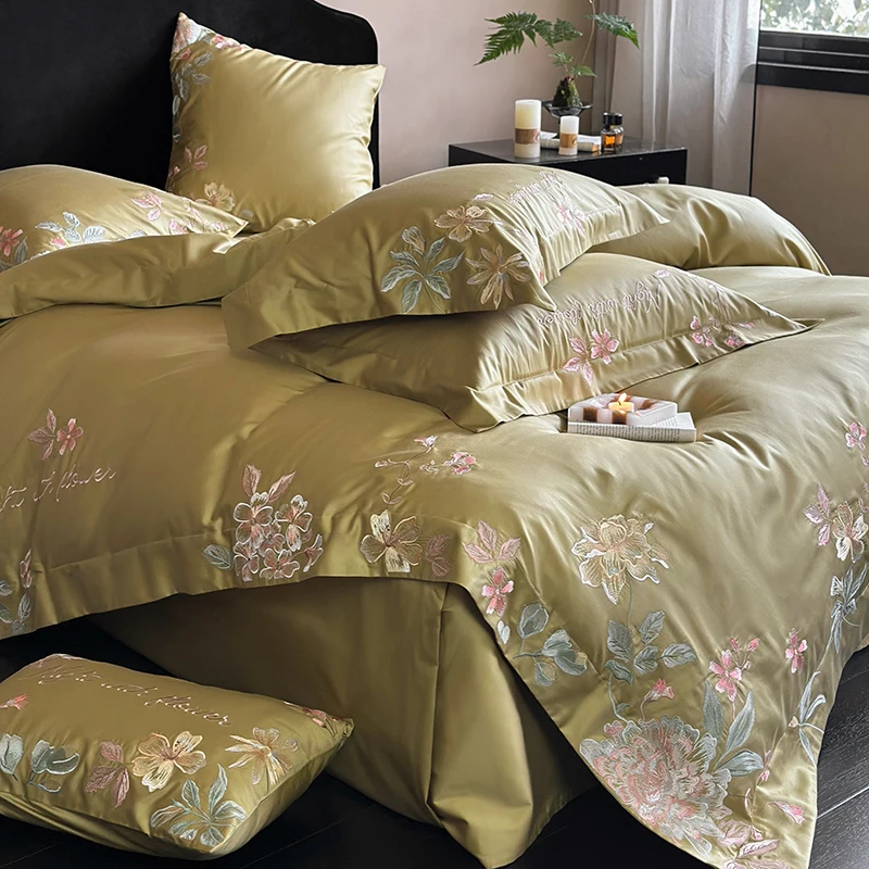 1000TC Egyptian Cotton Flowers Embroidery Pastoral Bedding Set Full Queen King Duvet Cover Set Flat/Fitted Bed Sheet Pillowcases