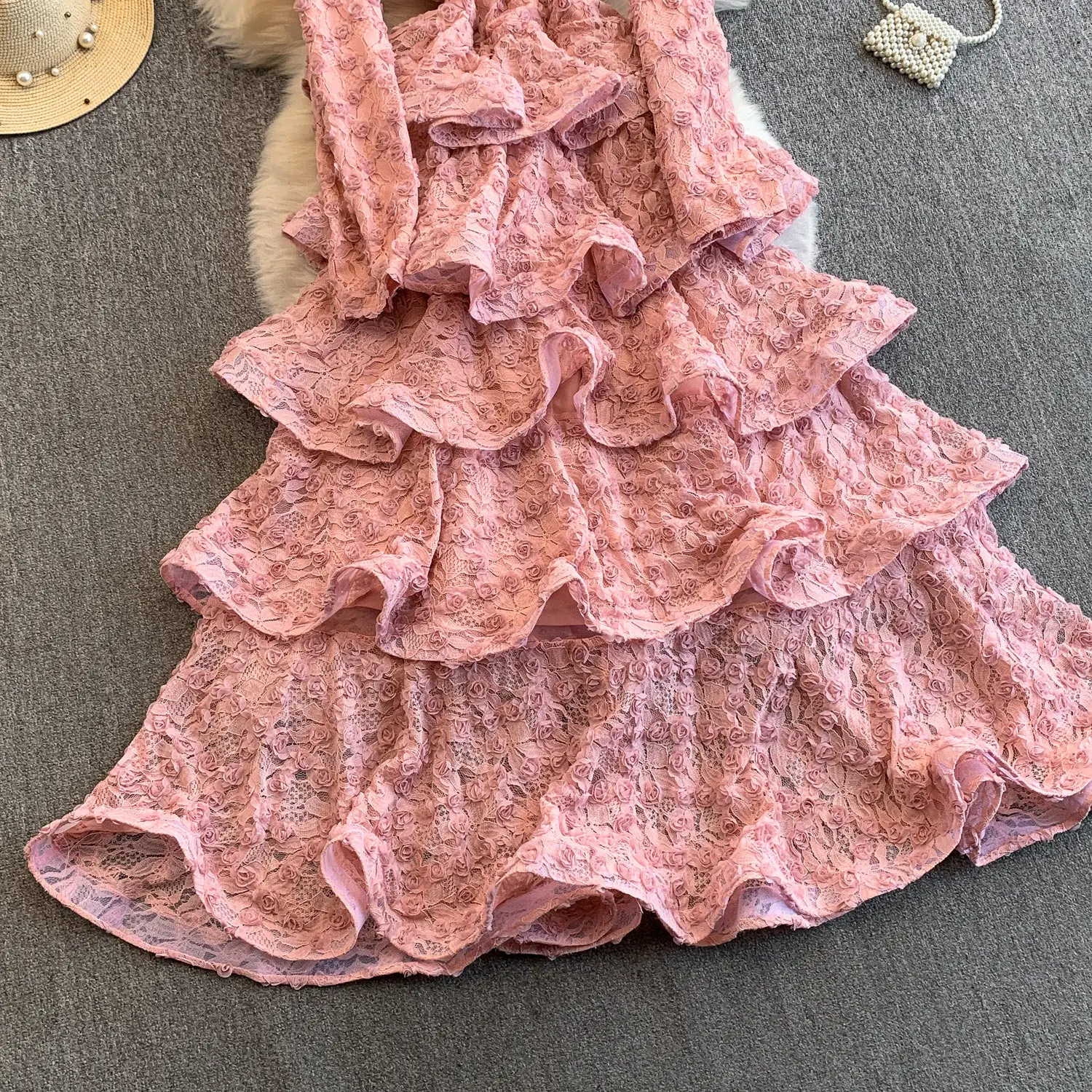 Vestido longo de renda rosa/preto/branco para mulheres, vestido de noite elegante com bordado rosa, manga larga, vestido de festa formal em camadas, novo