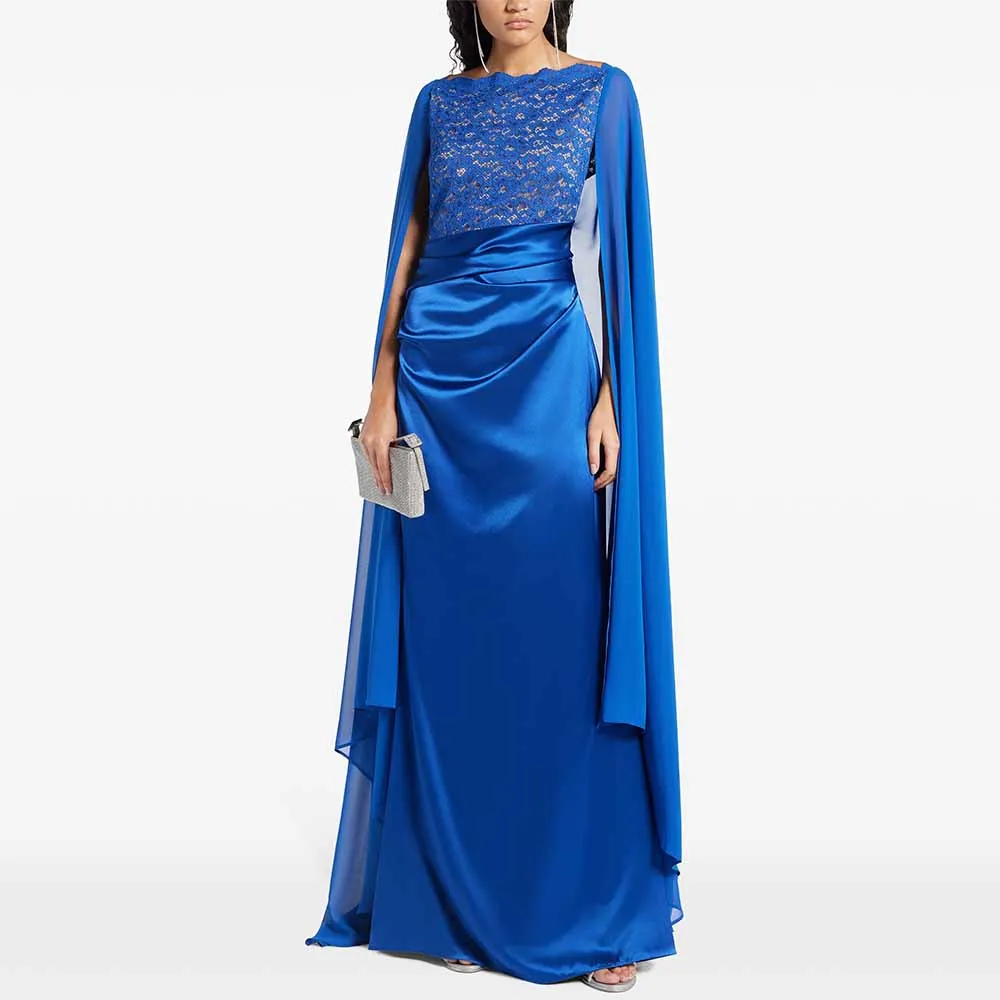 

Classic Women's Evening Ball Gowns Satin Sheath Formal Evening Dress Chiffon Royal Blue Cloak Lace Cloak Sleeves Prom Gown Long