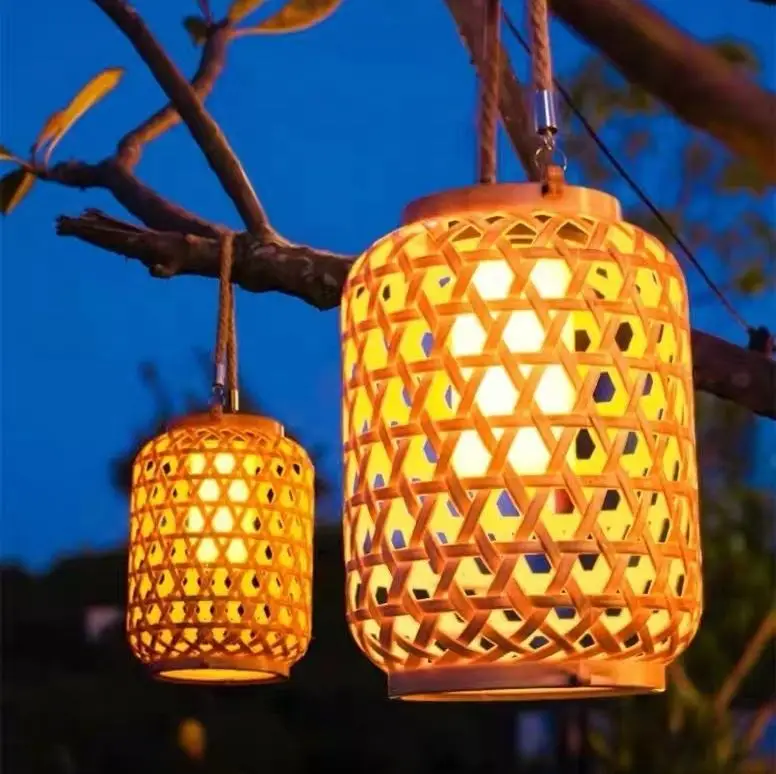 

Hanging With Handle Solar Lantern Outdoor Waterproof Natural Bamboo Solar Outdoor Lights for Garden Decoration
