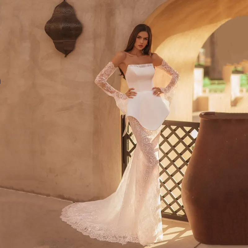 فستان زفاف حورية البحر الحديث مزين بالدانتيل عاجي أنيق بدون حمالات بدون أكمام طيات رسمية ترتر الوهم بطول الأرض
