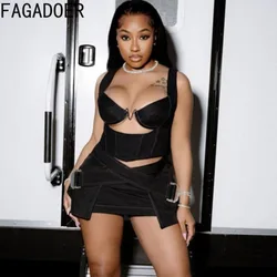 FAGADOER Black Fashion High Street Splicing Hollow Out Two Piece Sets Women Deep V Strap Sleeve Crop Top And Mini Skirts Outfits