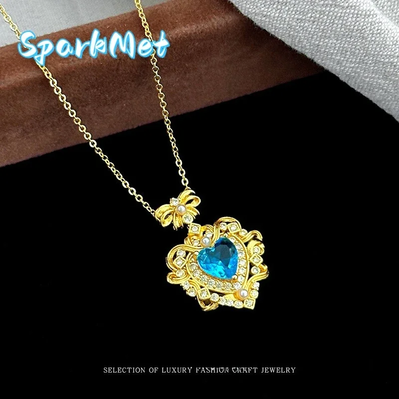 

Подвеска Sparkmet в стиле Light Luxury Design Niche Style «Сердце океана» из золота 9999 пробы (24K) с инкрустацией жемчугом и сапфиром, колье-подвеска «Любовь»