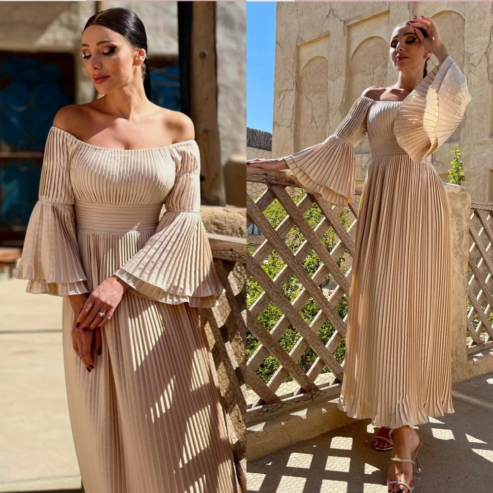 

Simple Off-the-shoulder A-line Anke Length Evening Dresses Draped Chiffon Formal Occasion Gown فساتين كوكتيل vestidos de fiesta