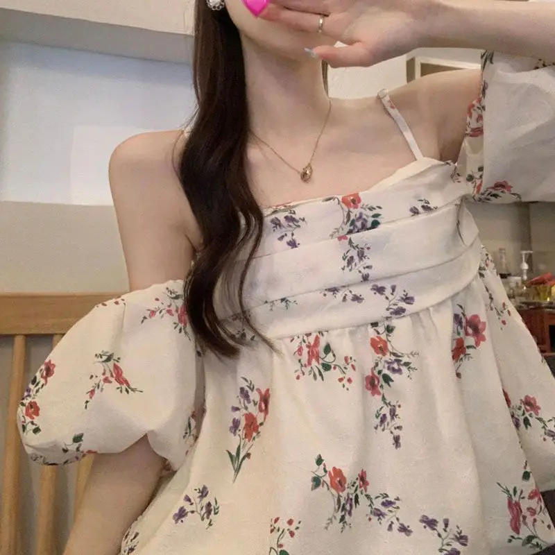 Summer New Sweet Loose Off Shoulder Top Shirt Trendy Puff Sleeve Floral Korean Style Casual Short Sleeve Fashion Women Clothing