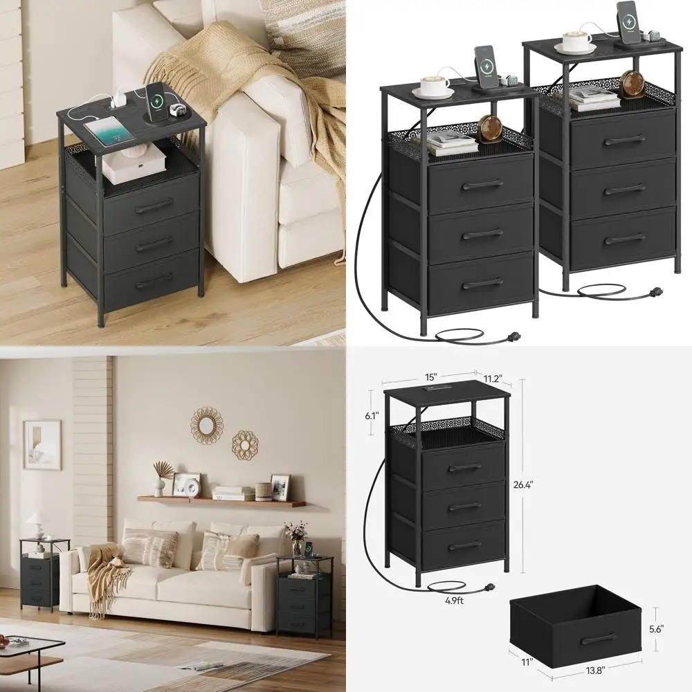 

Pair of Modern Charging Station Nightstands, 26.4 High, 3-Drawer Side Tables with Metal Shelves, Black Bedroom Furniture